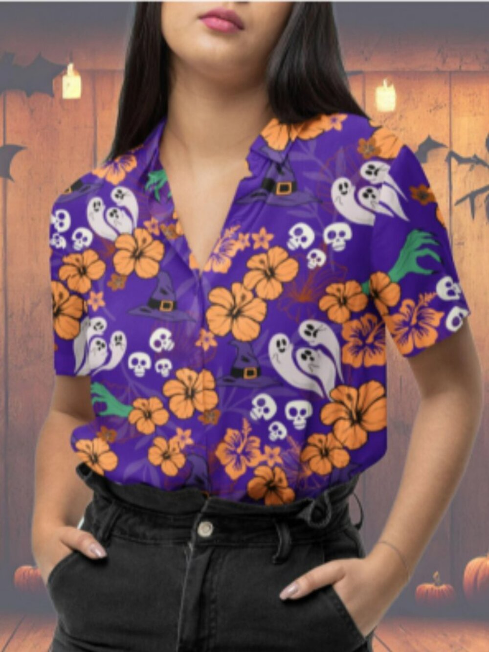 Halloween Hawaiian Shirt: Ghost & Witch Pattern Button-Up